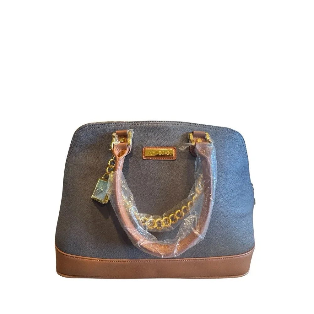 NWOT Joy & Inman Timeless Chic Pebble Satchel Purse Gray & Brown Leather Trim